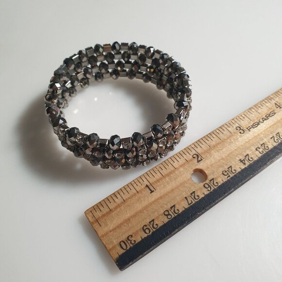Rhinestone Crystal Beaded Coil Wrap Bracelet Expandable Metallic Black Silver - Picture 3 of 3